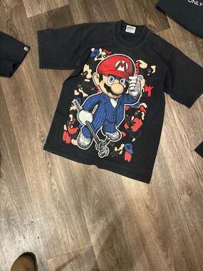 Vintage Double Line Super Heavy Mario Pinstripe Suit Camo Graphic T-Shirt